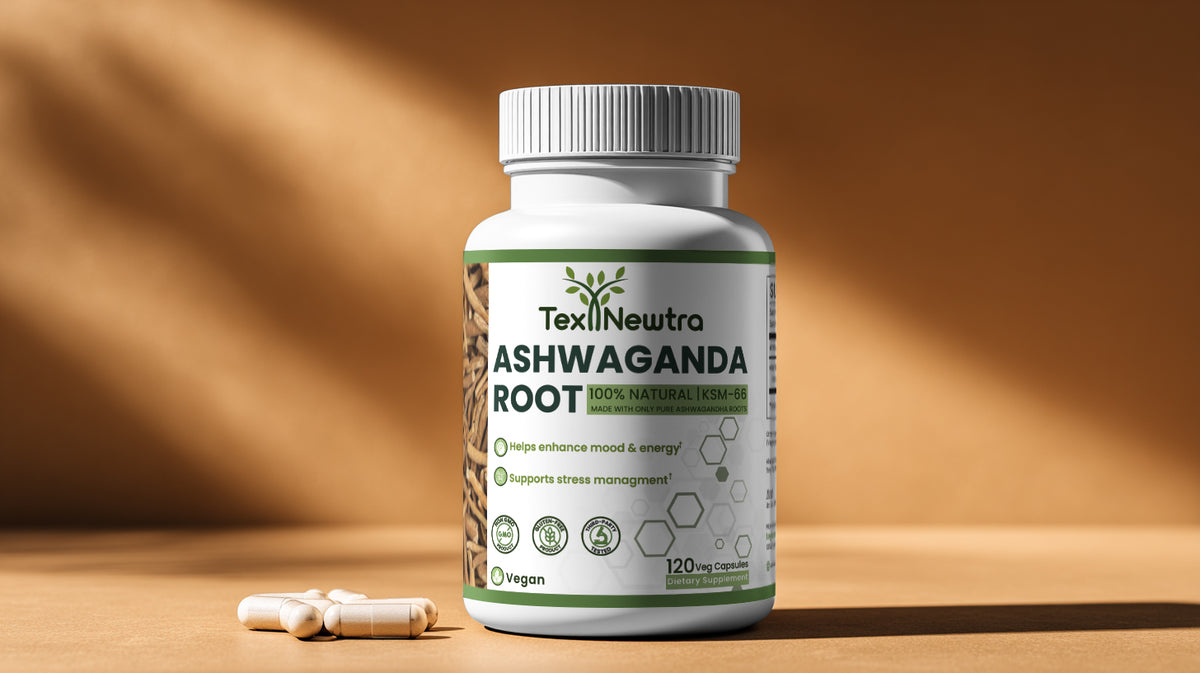 Hand holding a white supplement bottle in a warm, softly lit setting